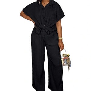 NEW Womens Casual 2 Piece Pleated Short Sleeve Button Blouse Top Wide Leg Loose